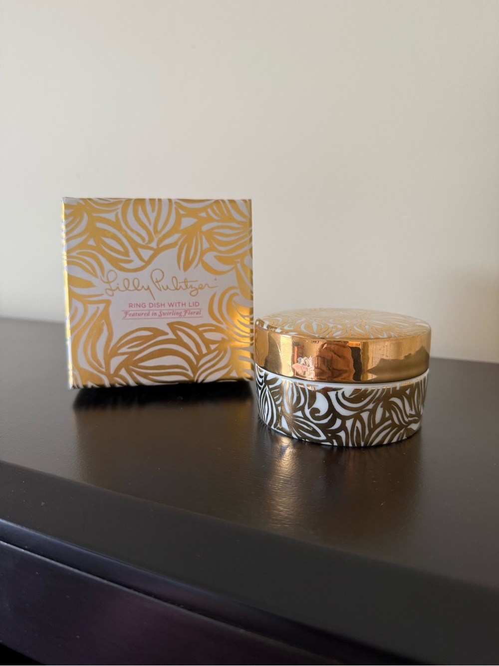 Lilly Pulitzer Gold and White Decorative Ring Dish with Lid